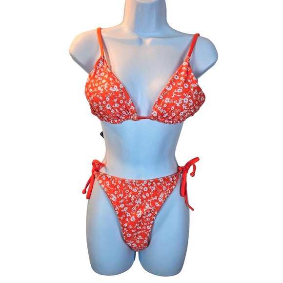 Womens Med/6 Orange Floral Triangle Bikini Set Adjustable Straps Tie Side Bottom - Picture 3 of 12